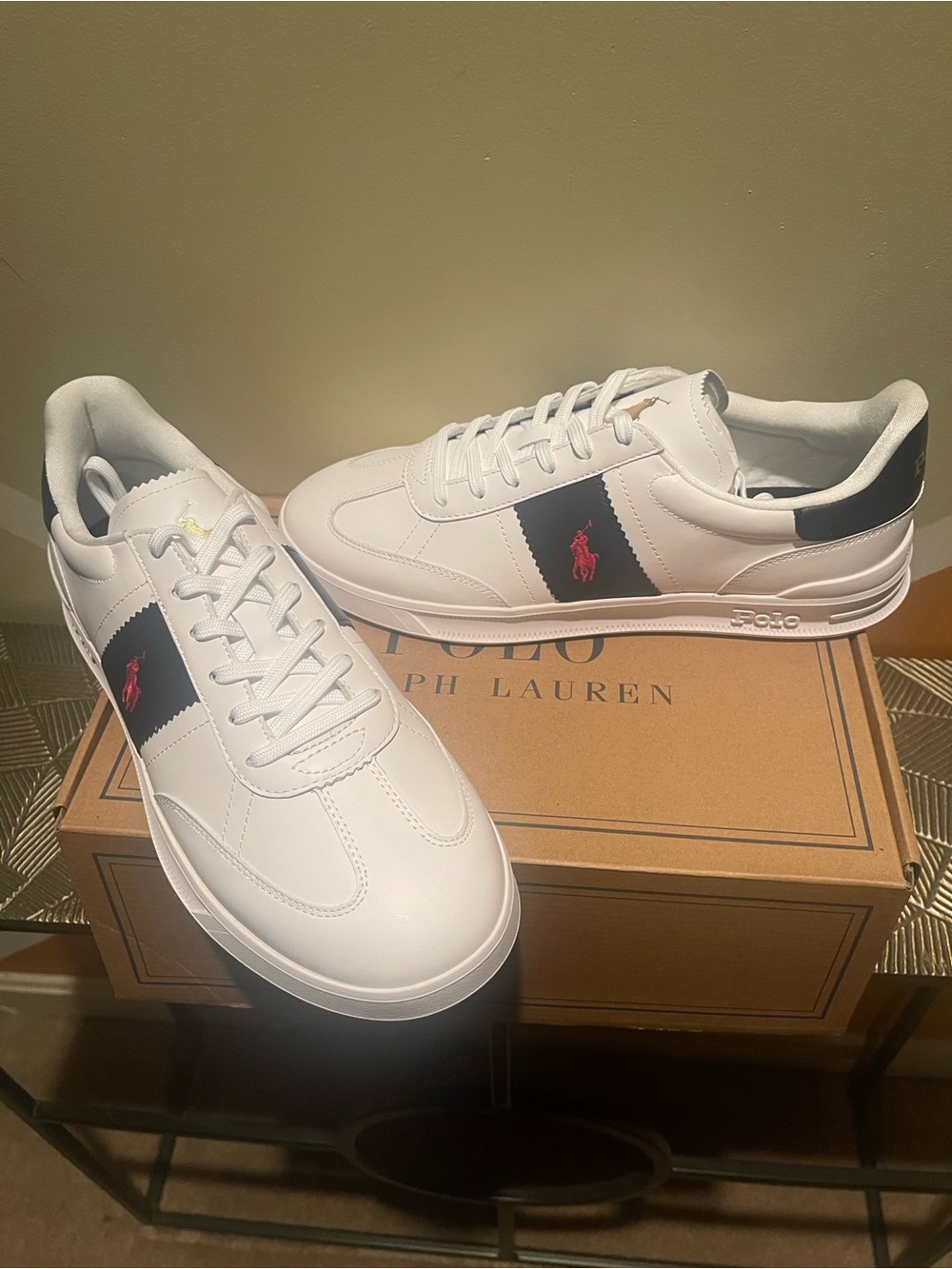 NWT Polo by Ralph Lauren White Leather Sneakers with Navy Panel and Red Pony